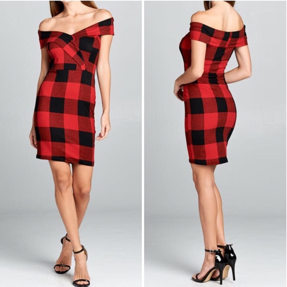 Dresses & Skirts - Red Buffalo Plaid Checkered Off Shoulder Dress
